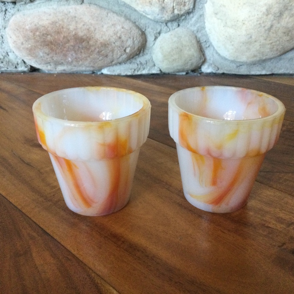 Vintage Akro Agate Miniature Slag Glass Flower Pot Set of 2
